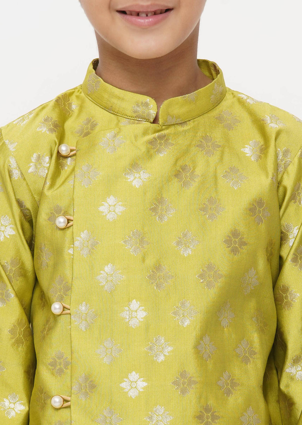 Little Bansi Boys Banarsi Silk Sherwani & Pyjama - Apple Green & Cream