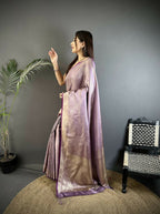 Joban Fashion Lavender Floral Motifs & Ethnic Design Soft Satin Silk Kanchipuram Saree - Distacart