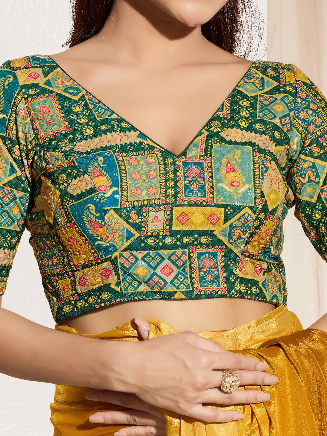 Joban Fashion Bottle Green Viscose Rayon Padded Blouse With V Neck Elbow Sleeves - Distacart
