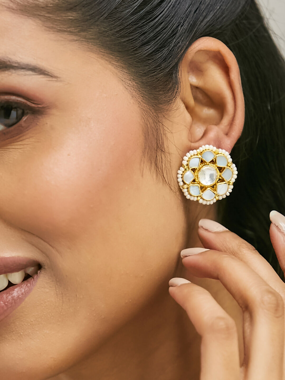 Nuyug 22K Gold-Plated Elegant Kundan Studded & Pearls Beaded Floral Studs - Distacart