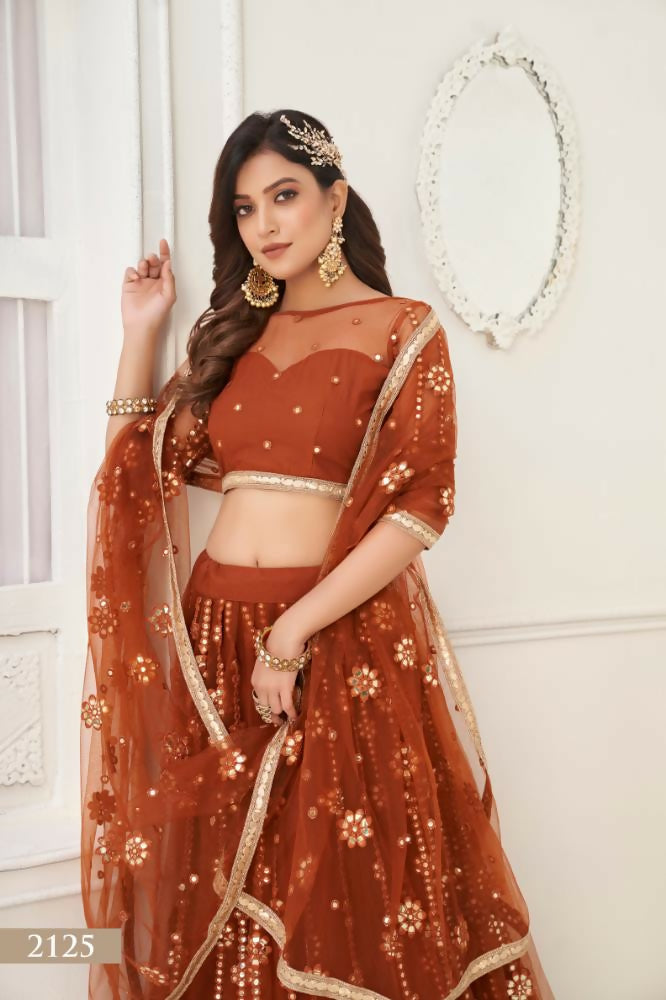 Aastha Fashion Brown Butterfly Net Tone To Tone Thread Work And Mirror Work Embroidery Wedding Wear Lehenga Choli