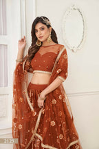 Aastha Fashion Brown Butterfly Net Tone To Tone Thread Work And Mirror Work Embroidery Wedding Wear Lehenga Choli