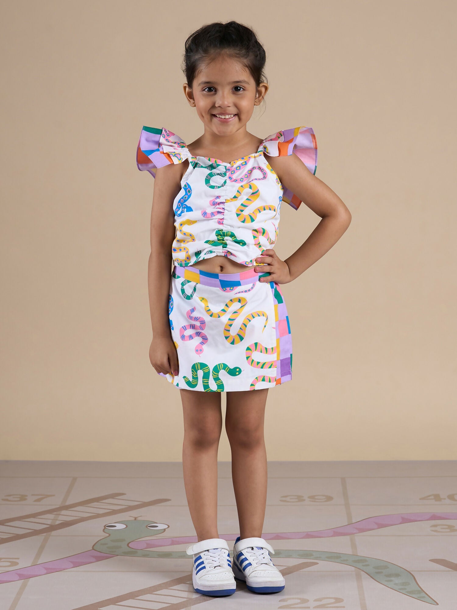 Snakes and Ladders Girls Multi Color Snake Print Top and Shorts Set from Siblings Collection