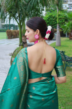 DEIANA'S Beautiful Designer Golden zari Soft Lichi Silk Saree - Teal