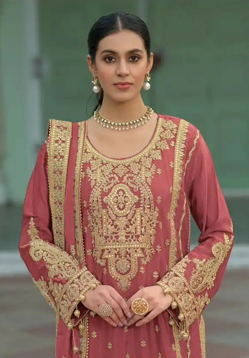 Anaita Coral Heavy Chinon Readymade Palazzo Suit with Heavy Embroidery Work - Distacart