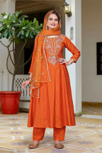 The52 Women's Beautiful Vichitra Fabric Embroidery Work Flared Anarkali Pant and Dupatta Set - Distacart