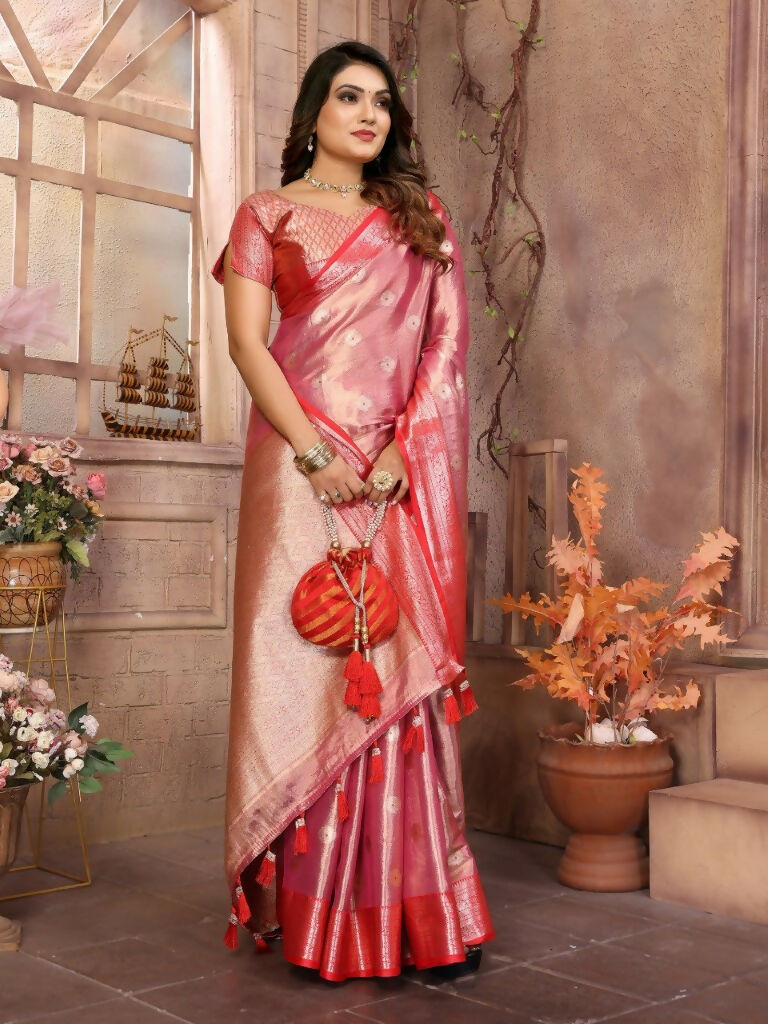 Anaita Peach Tissue Silk With Zari Weaving Saree With Blouse
