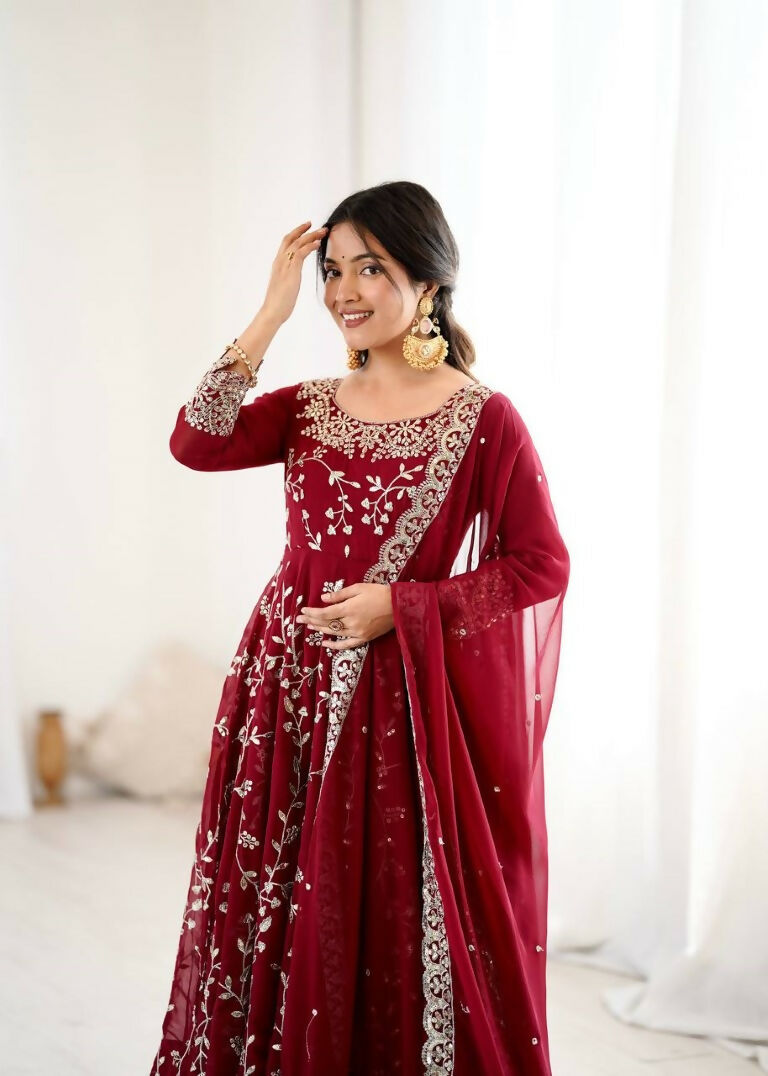 Teeya Creation Maroon Color Heavy Faux Georgette Embroidery Work Gown - Distacart