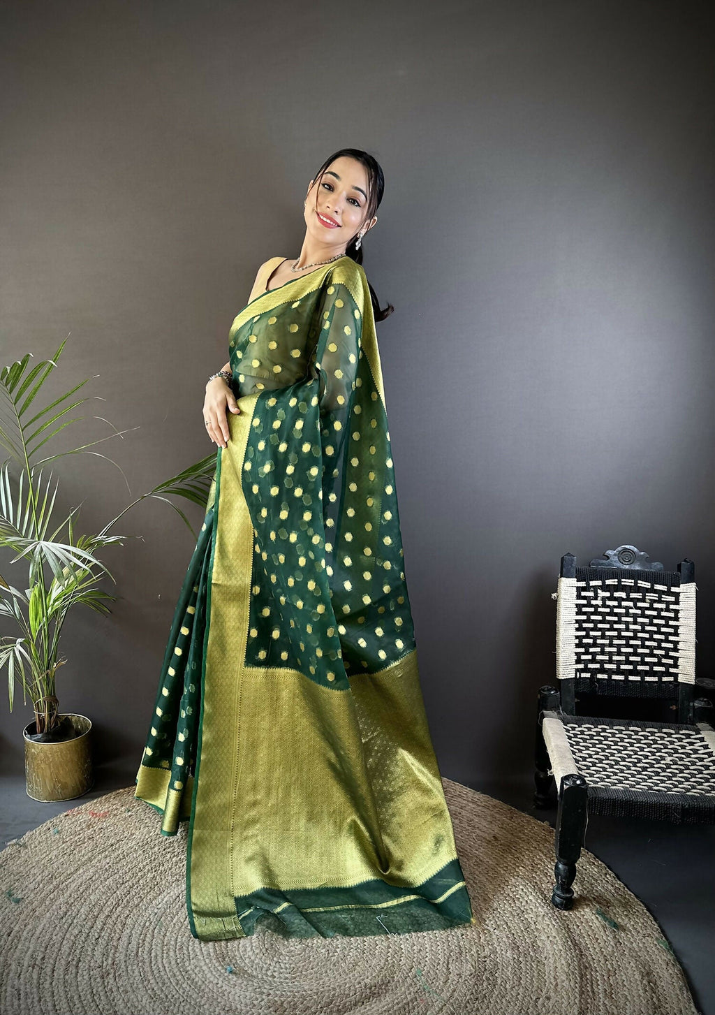 Joban Fashion Green Polka-Dot Zari Woven Organza Silk Banarasi Silk Saree - Distacart