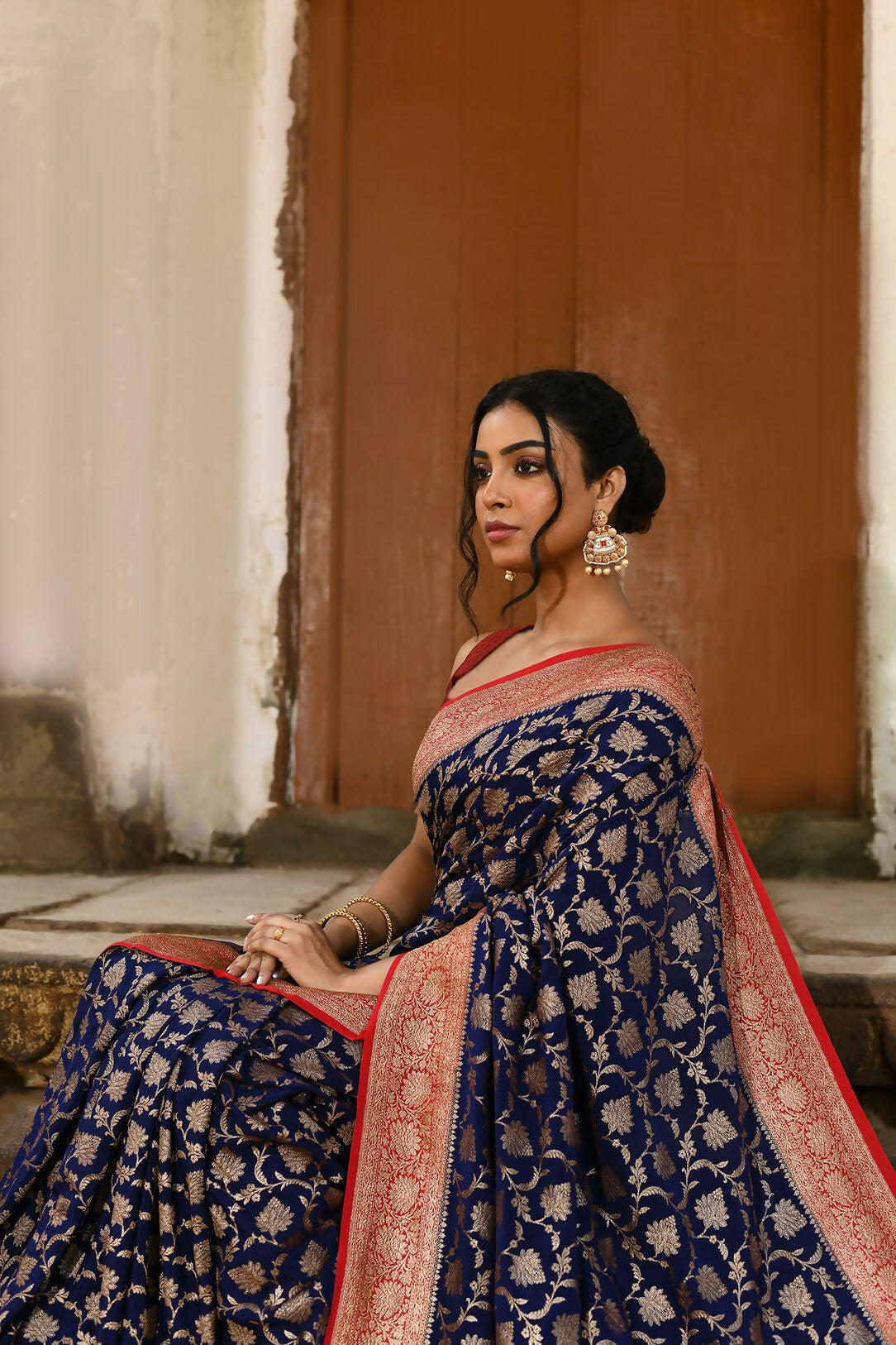 Joban Fashion Navy Blue Crepe Chiffon Pure Handloom Banarasi Silk Saree