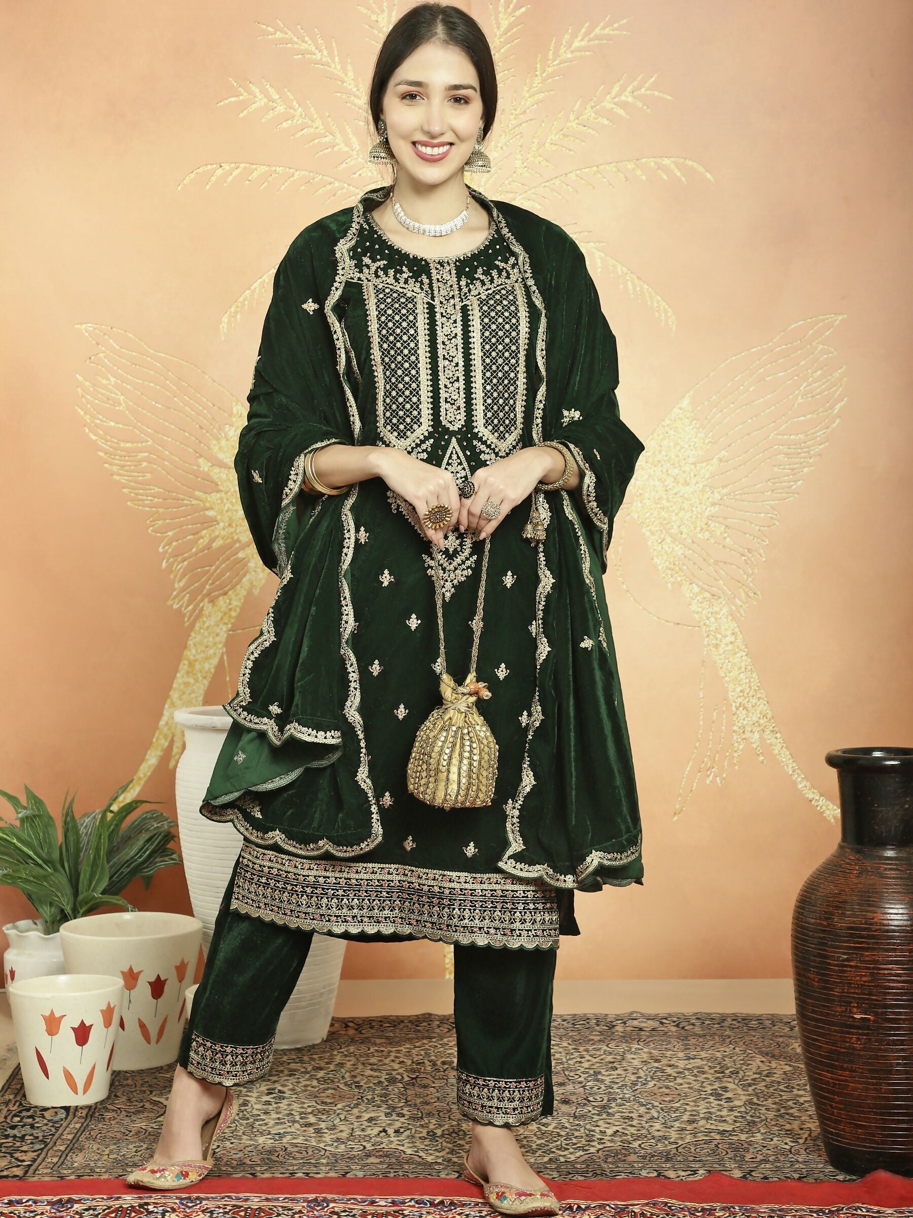 Jyoti Fashion Women's Green Velvet Cording with Resham Thread & Sequin Kurta with Trouser & Dupatta