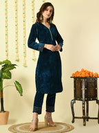 Myshka Women's Teal Velvet Kurta With Trousers Party Sets