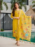 The52 Yellow Women's Gorgeous Embroidered work Viscose Gadhwal Fabric Straight Kurta, Pant and Dupatta Set - Distacart
