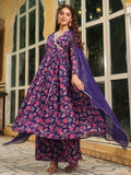 Janasya Purple Georgette Floral Kurta,Bottom & Dupatta