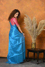Very Much Indian Fusion Cotton Tissue Shimmer Saree - Light Blue - Distacart