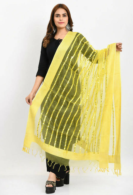 Mominos Fashion Moeza Women's Orgenza Mirror Stripe Thread Work Lemon Yellow Dupatta