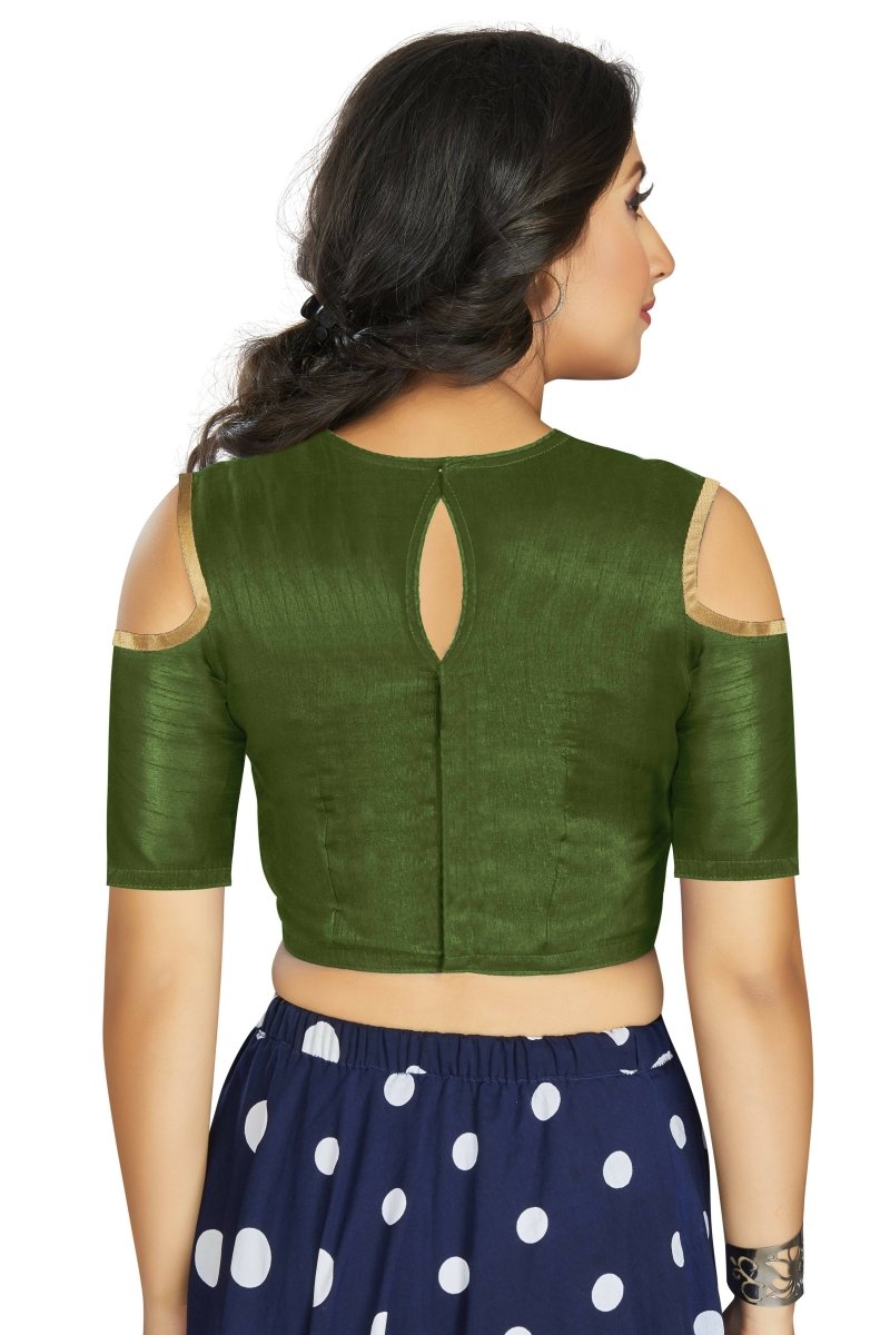 Aastha Fashion Women's Mehendi Art Silk Cold Shoulder Sleeve Readymade Blouse
