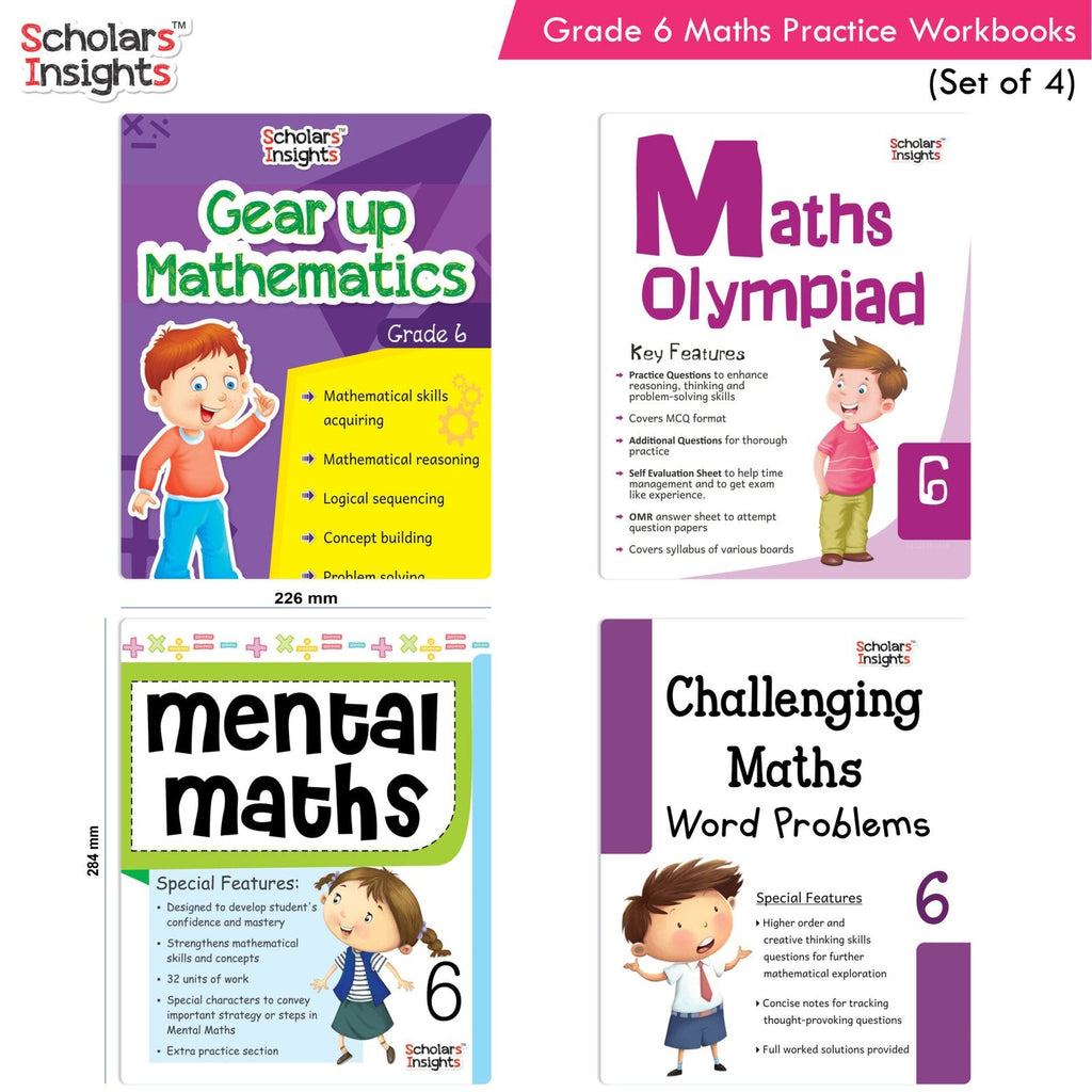 Grade 6 Comprehensive Learning with Mathematics Workbooks Set of 4 Ages 11-12 Years: Gear Up Math, Mental Math, Olympiad, Challenging Word Problems - Distacart