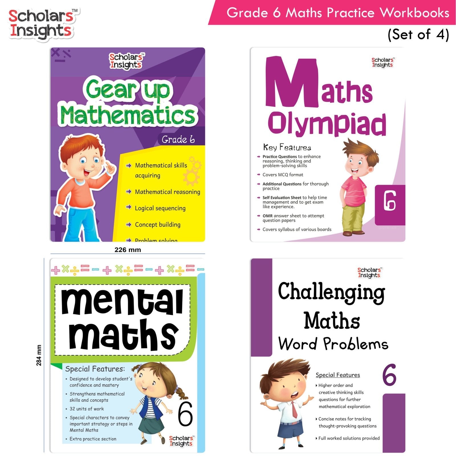 Grade 6 Comprehensive Learning with Mathematics Workbooks Set of 4 Ages 11-12 Years: Gear Up Math, Mental Math, Olympiad, Challenging Word Problems - Distacart