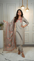 Lorenvalley Fashion Grey Roman Silk Embroidery Multi with Sequence Work Kurta Pant with Dupatta - Distacart