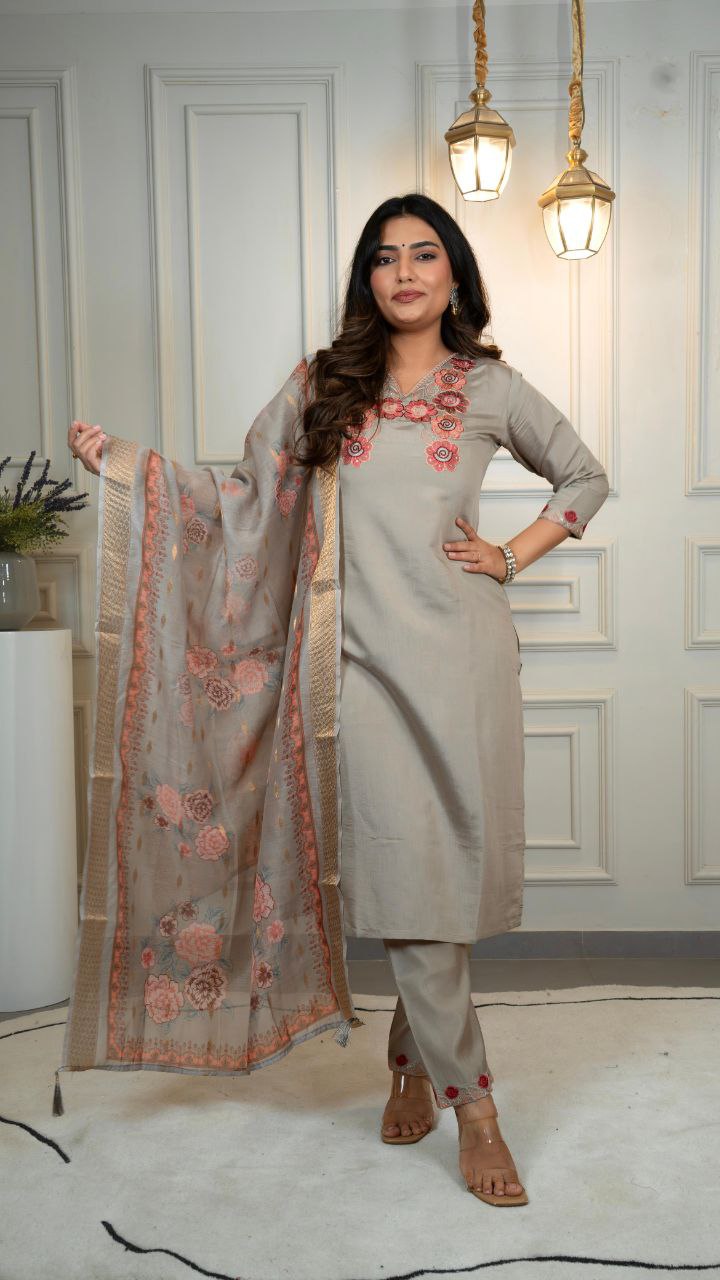 Lorenvalley Fashion Grey Roman Silk Embroidery Multi with Sequence Work Kurta Pant with Dupatta - Distacart