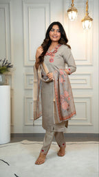Lorenvalley Fashion Grey Roman Silk Embroidery Multi with Sequence Work Kurta Pant with Dupatta - Distacart