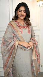 Lorenvalley Fashion Grey Roman Silk Embroidery Multi with Sequence Work Kurta Pant with Dupatta - Distacart