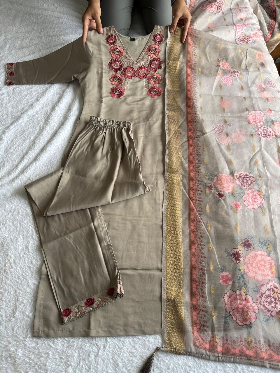 Lorenvalley Fashion Grey Roman Silk Embroidery Multi with Sequence Work Kurta Pant with Dupatta - Distacart