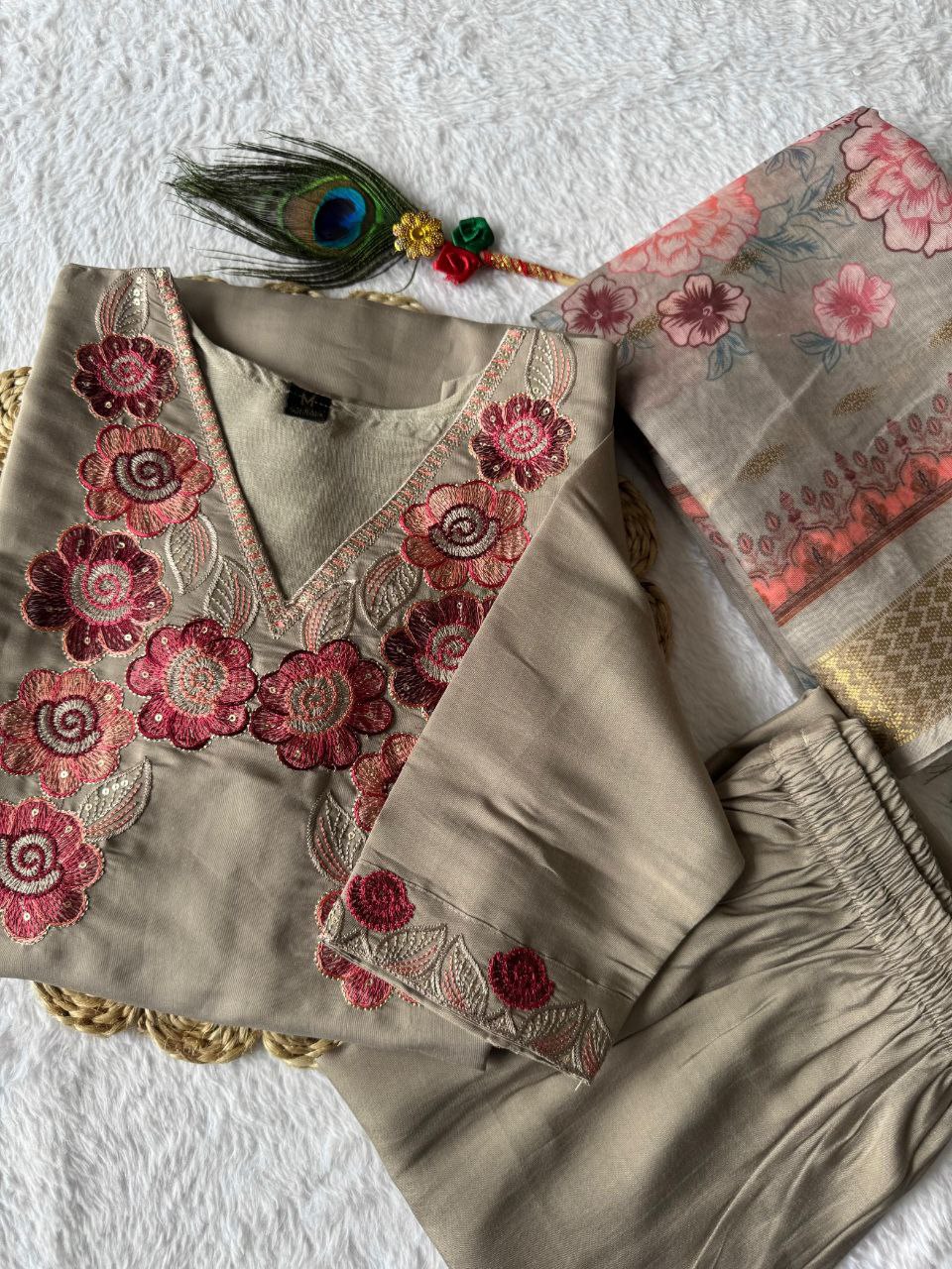 Lorenvalley Fashion Grey Roman Silk Embroidery Multi with Sequence Work Kurta Pant with Dupatta - Distacart