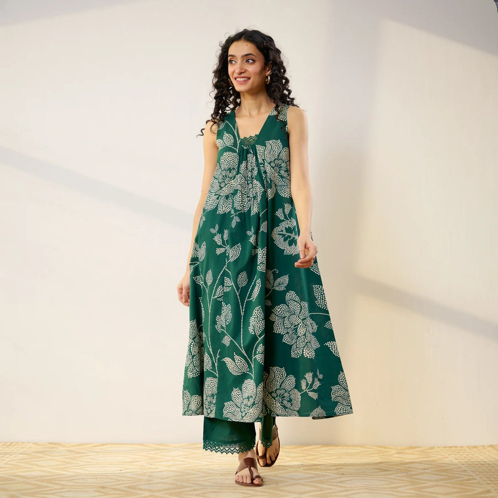 Pimu Women Floral Printed Pleated Pure Cotton Kurta with Palazzos-Green