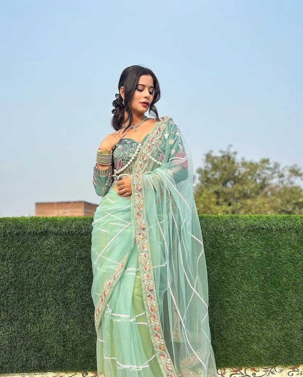 Teeya Creation Light Green Color Net Fabric Pearl Work Heavy Embroidery Work Saree
