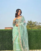 Teeya Creation Light Green Color Net Fabric Pearl Work Heavy Embroidery Work Saree