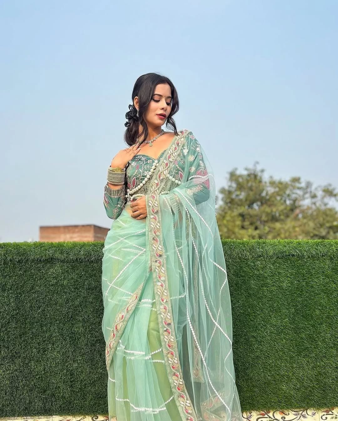 Teeya Creation Light Green Color Net Fabric Pearl Work Heavy Embroidery Work Saree