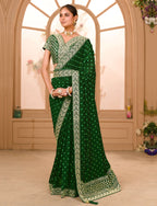 Teeya Creation Green Color Chinnon Silk Heavy Embroidery Work Saree - Distacart