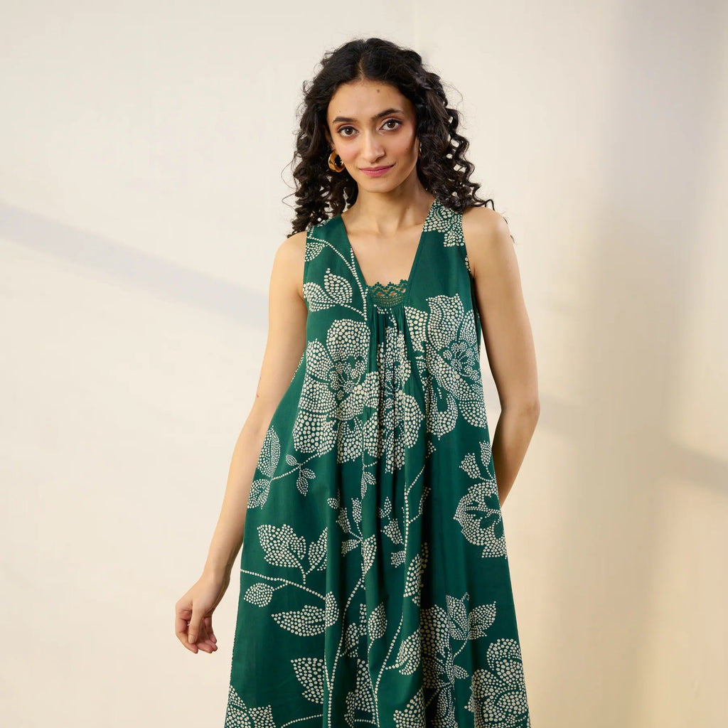Pimu Women Floral Printed Pleated Pure Cotton Kurta with Palazzos-Green