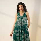 Pimu Women Floral Printed Pleated Pure Cotton Kurta with Palazzos-Green