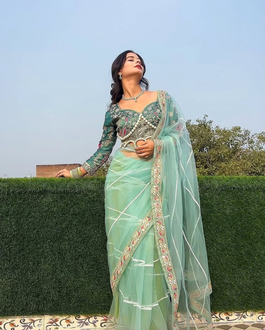 Teeya Creation Light Green Color Net Fabric Pearl Work Heavy Embroidery Work Saree