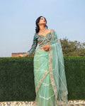 Teeya Creation Light Green Color Net Fabric Pearl Work Heavy Embroidery Work Saree