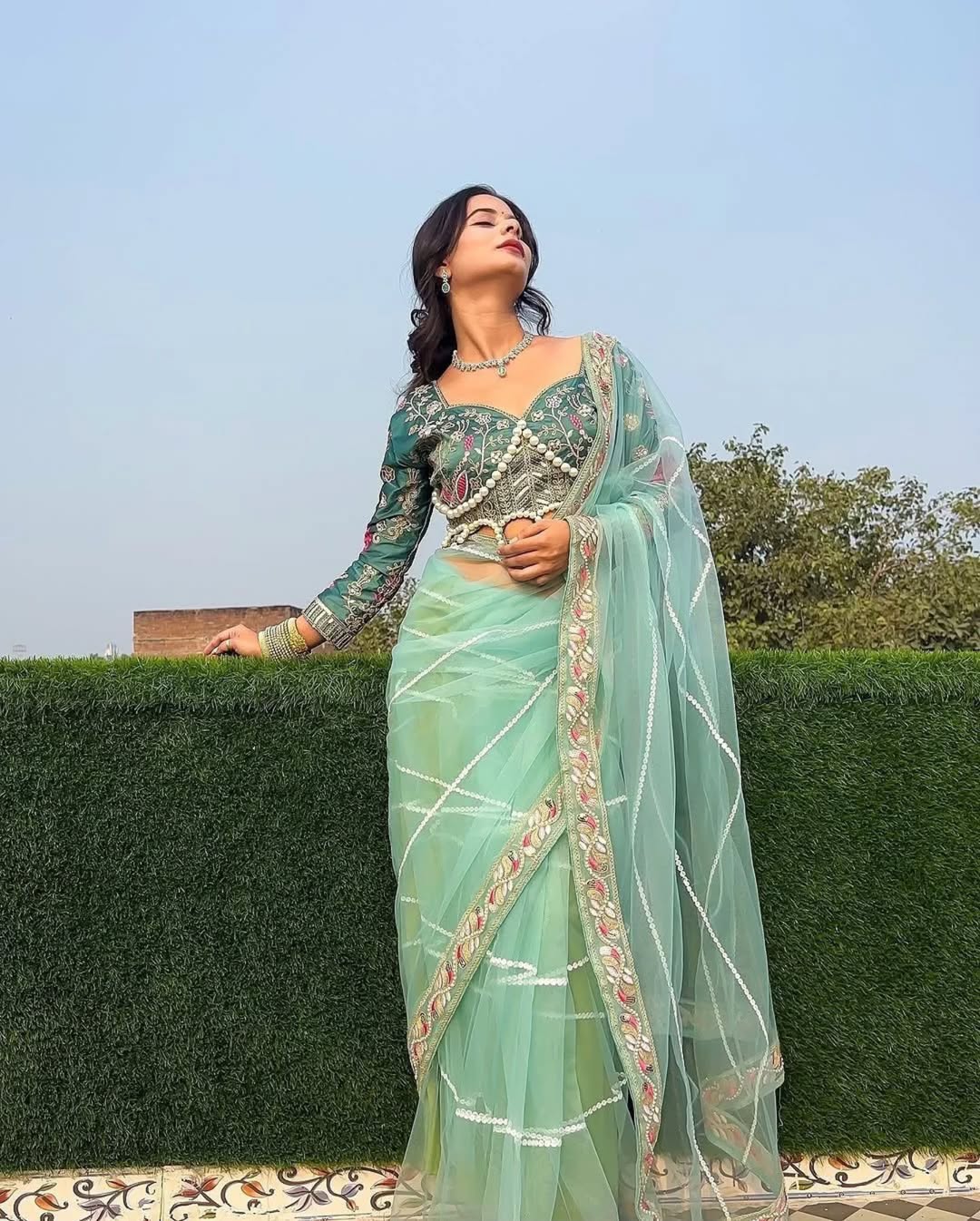 Teeya Creation Light Green Color Net Fabric Pearl Work Heavy Embroidery Work Saree