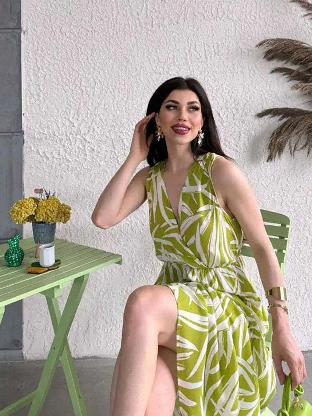 Pimu Viscose Patterned Summer Dress - Elastic Waist, V-Neck - Green