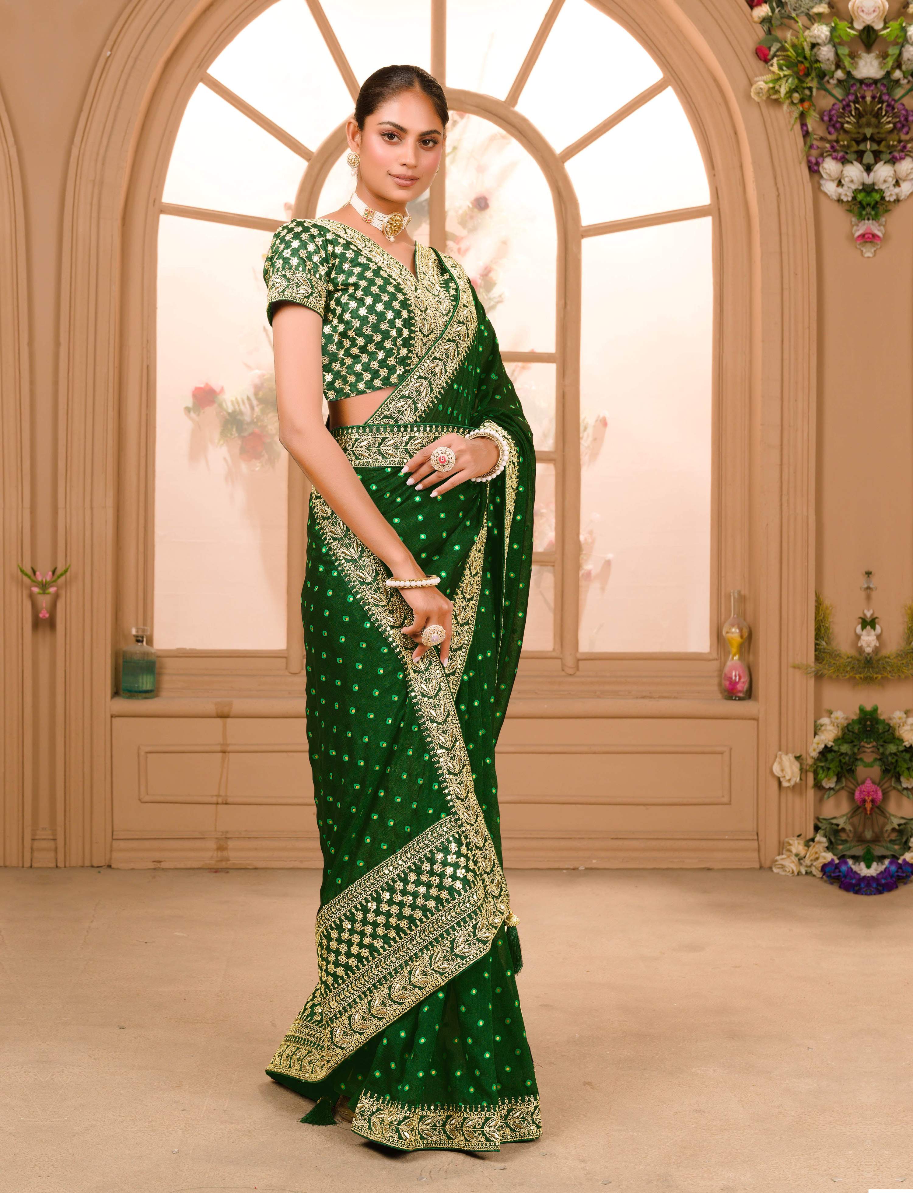 Teeya Creation Green Color Chinnon Silk Heavy Embroidery Work Saree - Distacart