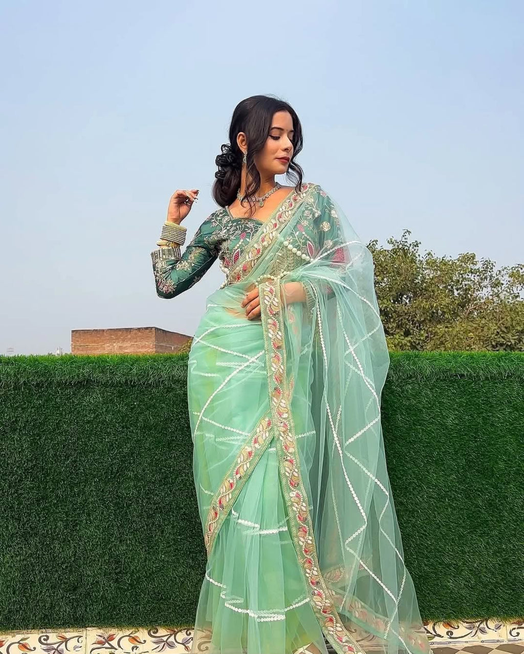 Teeya Creation Light Green Color Net Fabric Pearl Work Heavy Embroidery Work Saree