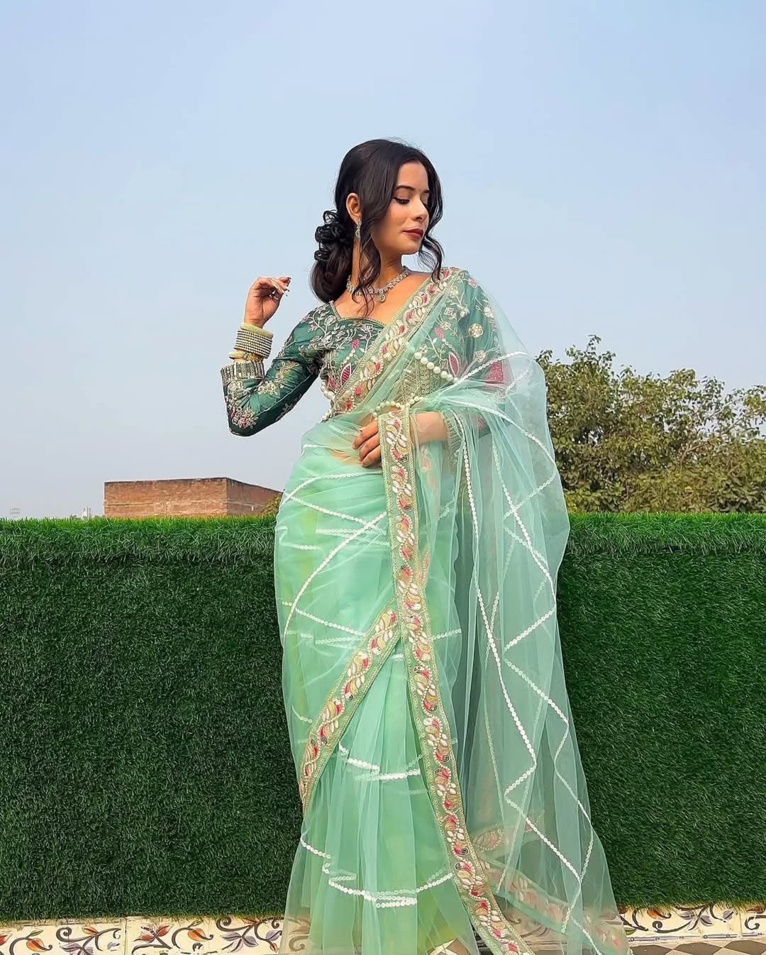 Teeya Creation Light Green Color Net Fabric Pearl Work Heavy Embroidery Work Saree