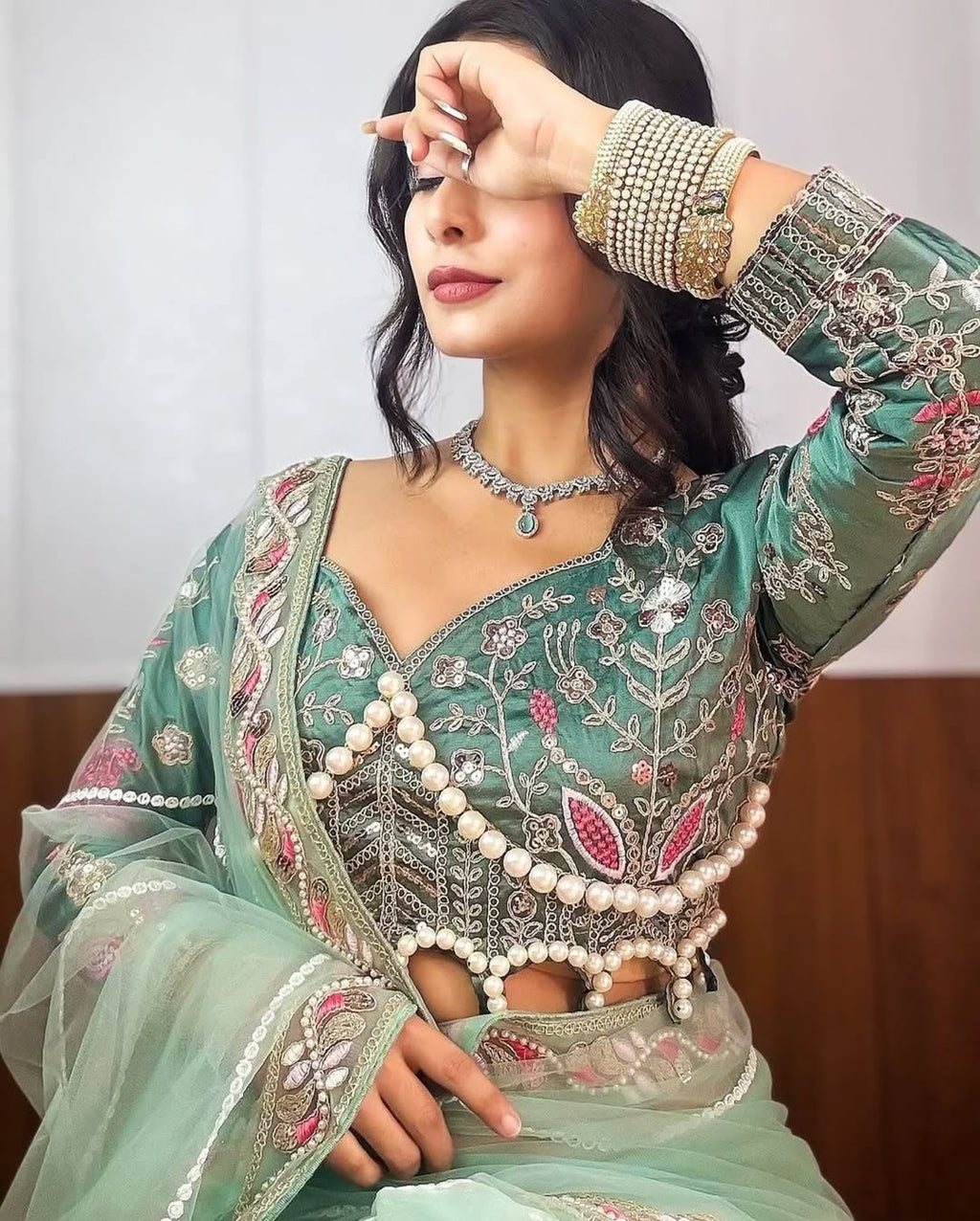 Teeya Creation Light Green Color Net Fabric Pearl Work Heavy Embroidery Work Saree
