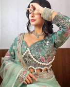 Teeya Creation Light Green Color Net Fabric Pearl Work Heavy Embroidery Work Saree
