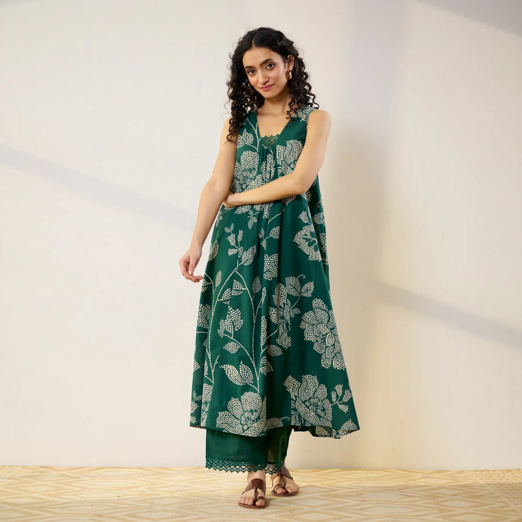 Pimu Women Floral Printed Pleated Pure Cotton Kurta with Palazzos-Green