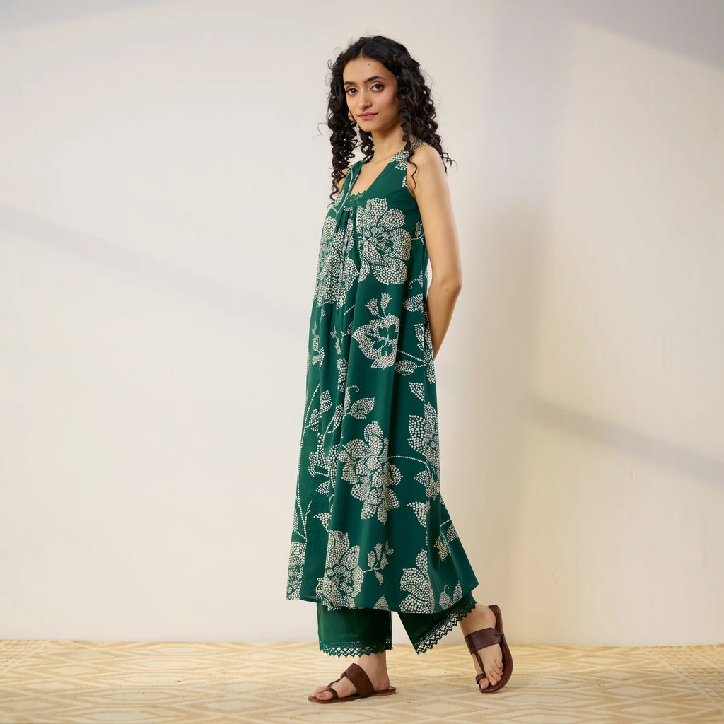 Pimu Women Floral Printed Pleated Pure Cotton Kurta with Palazzos-Green