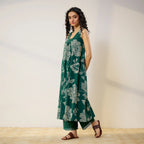 Pimu Women Floral Printed Pleated Pure Cotton Kurta with Palazzos-Green