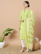 Yufta Green Cotton Ikat Kurta Dupatta Set