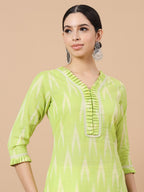 Yufta Green Cotton Ikat Kurta Dupatta Set